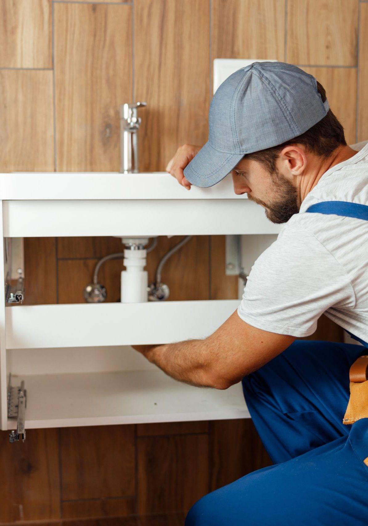 Professional Plumber, Male Worker In Uniform Installing Sink And Water Pipe In New Apartment